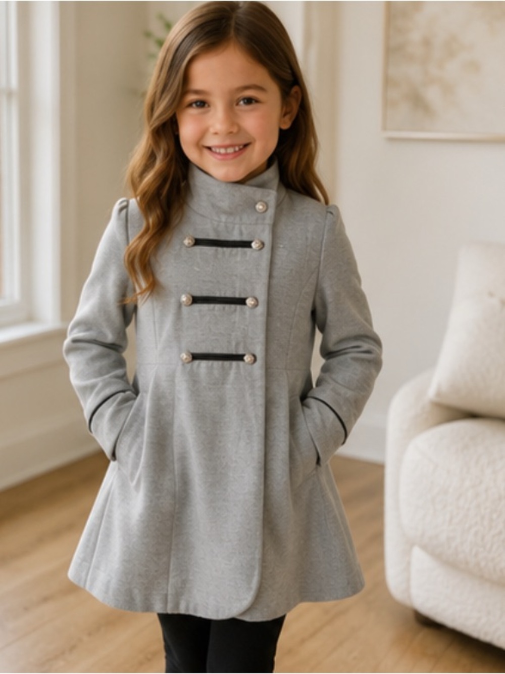 Girls' Grey Military-Style Wool Blend Coat